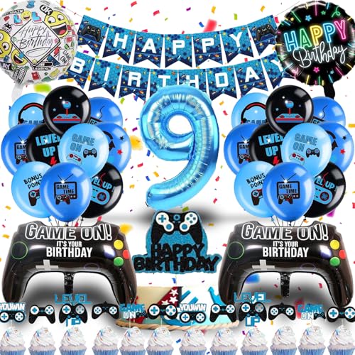 Betensh Decoration Anniversaire Garcon 9 Ans, Ballon Anniversaire 9 Ans, Deco Anniversaire Bleu avec Deco Gateau, Decoration Anniversaire Enfant Ballon Bleu pour Gaming Deco Anniversaire Garcon