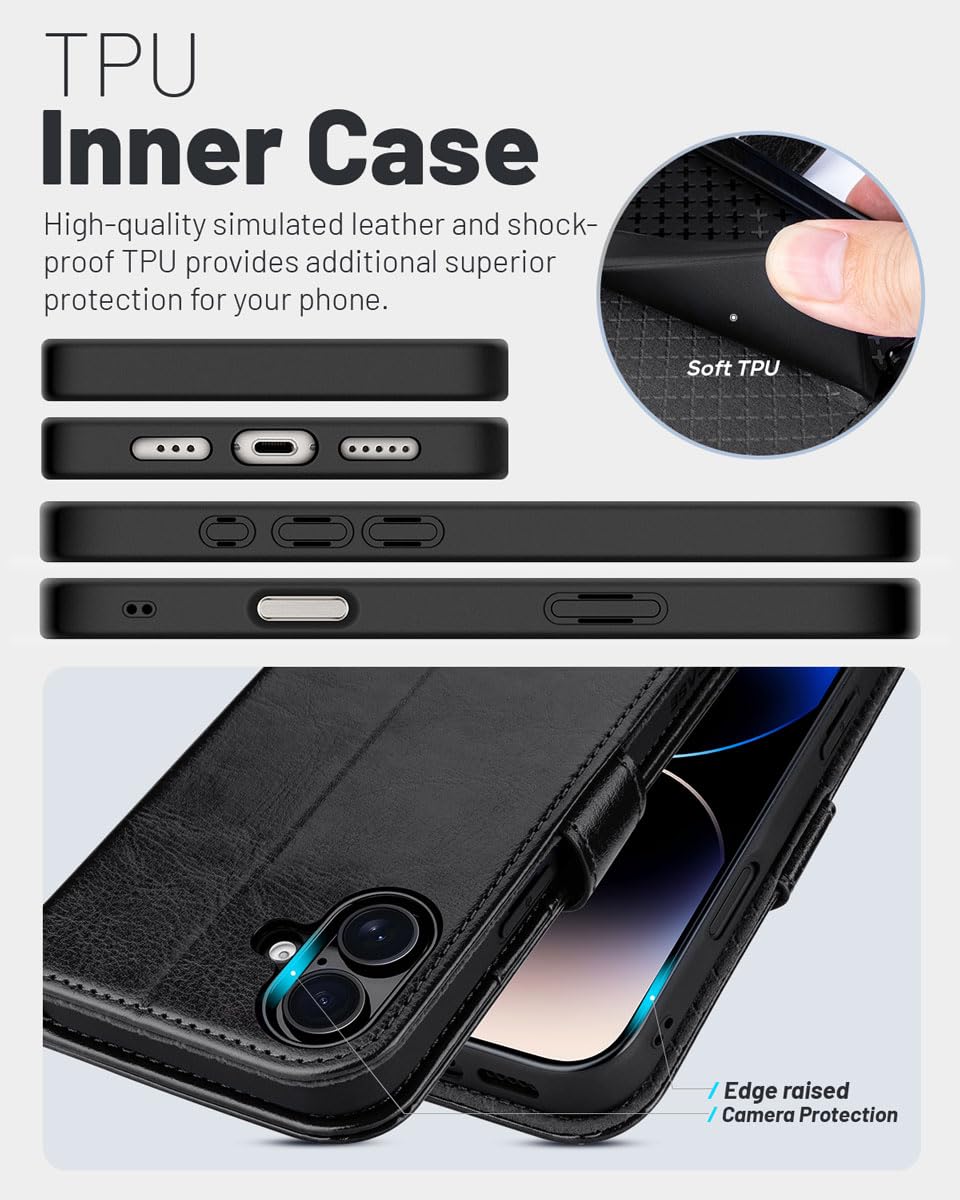 OCASE Coque pour iPhone 17, Housse en Cuir PU avec Fentes Cartes, Blocage RFID, Support Intégré et Protection Antichoc Etui Portefeuille pour iPhone 17 (6,3 Pouces, 2025) - Noir