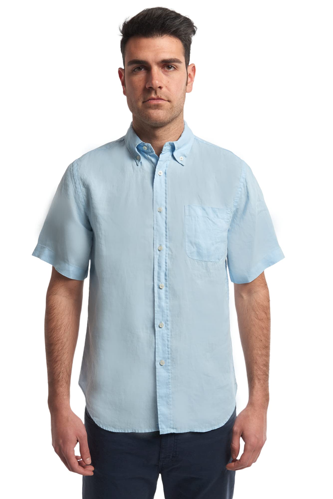 Herrenhemd aus reinem Leinen, Typ T Shirt für Herren, halbe Ärmel, in 5 Farben, Weiß, Hellblau, Grün, Avio, Blue Label von S bis 3XL, Himmelblau, XXXL