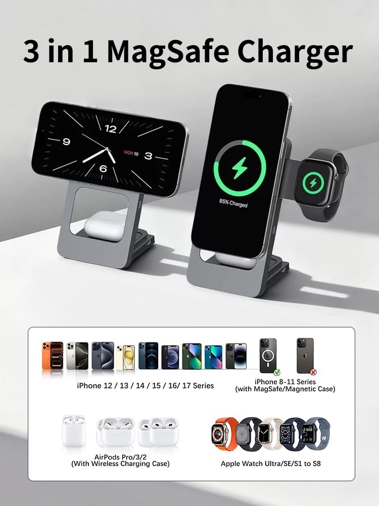 Estación de carga inalámbrica plegable 3 en 1 para iPhone, Apple Watch, AirPods, marco de aleación de aluminio, carga rápida de 15 W, soporte ajustable de 0 a 180° (gris)