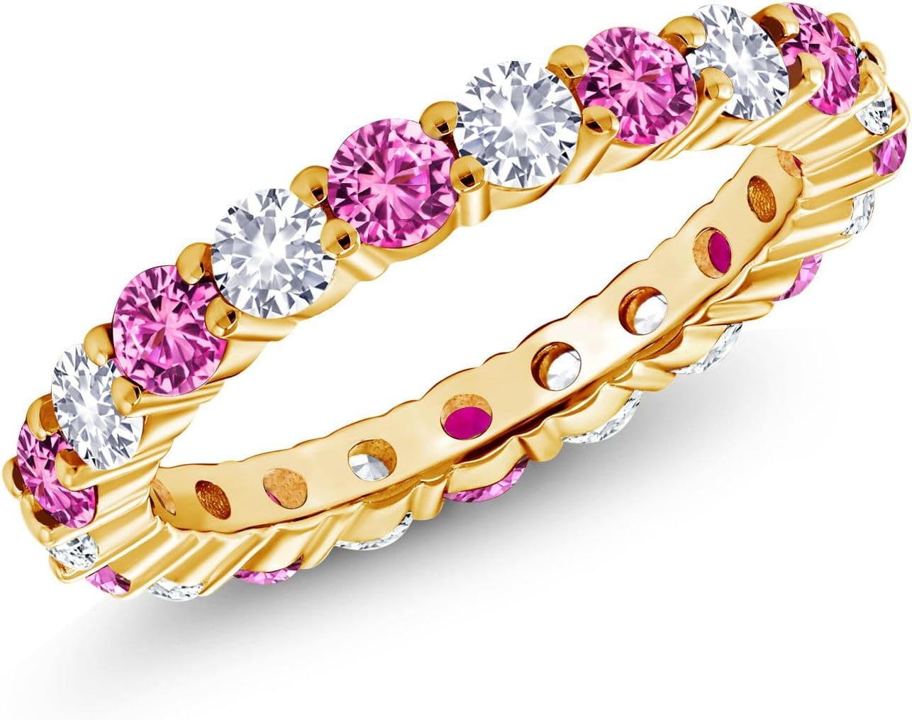 Gem Stone King 1.33 Cttw Round Pink Sapphire and White Created Sapphire 18K Yellow Gold Plated Silver Eternity Band Ring For Women | Round 3MM | Wedding Engagement Anniversary Promise Ring For Women