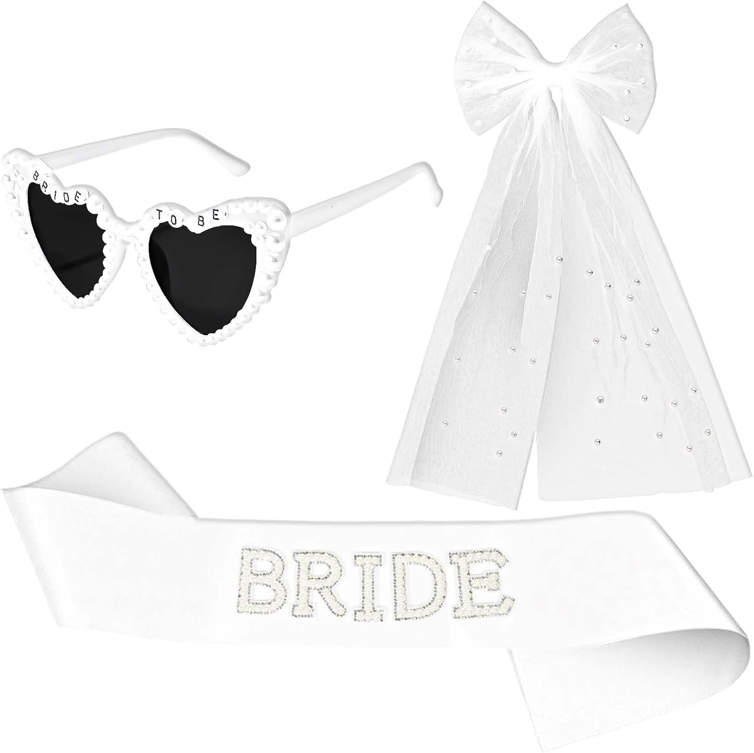 3Pcs Bride Sash and Veil Set Pearl Bride Sash Sunglsses Bridal Hair Bow Veil for Bridal Shower Engagement Bachelorette Party Decorations - Image 1 of 7