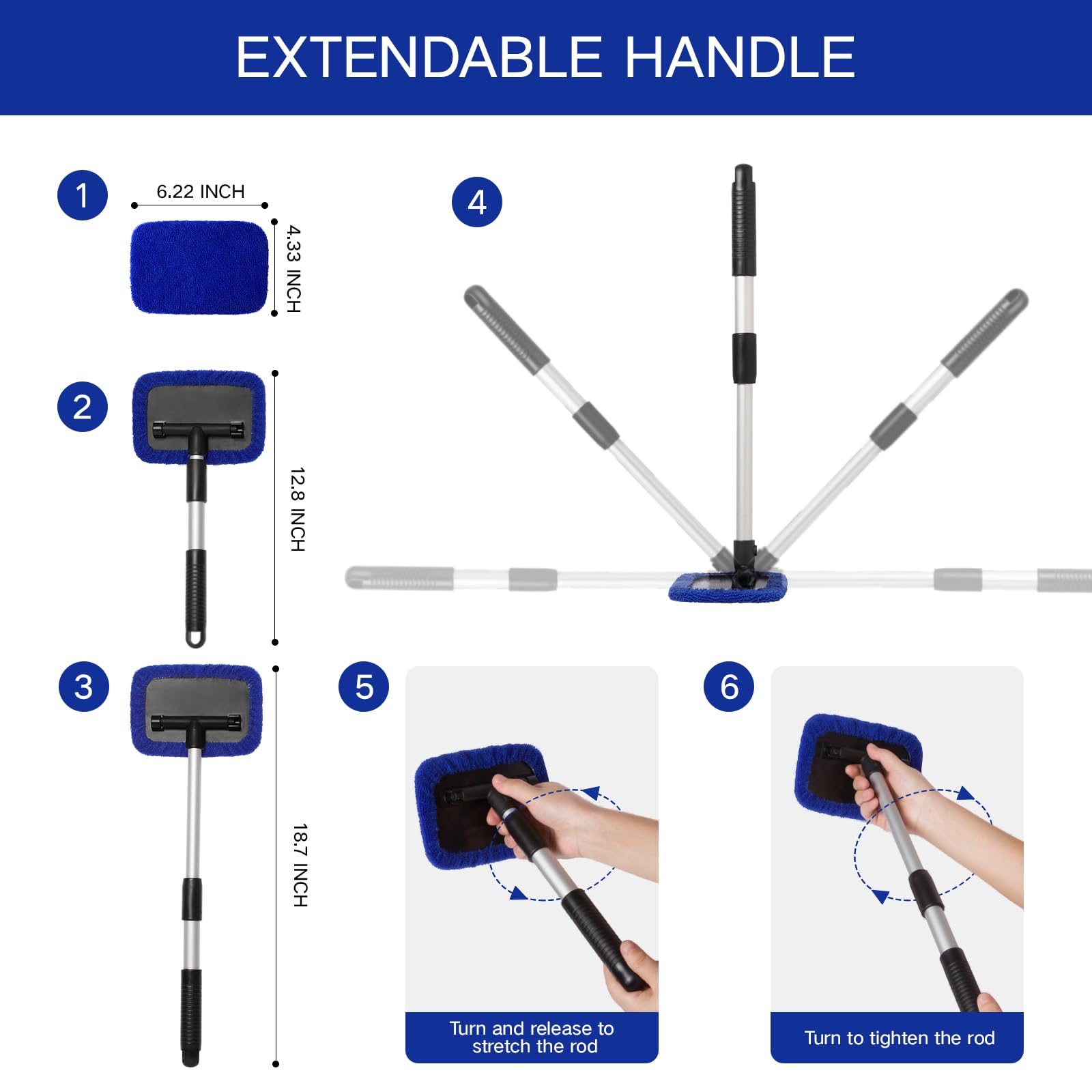11pcs Windshield Cleaner Tool, Car Window Cleaning Wash Kit with 6 Reusable Microfiber Pads 2 Spray Bottles and Extendable Handles Auto Glass Wiper Kit, Blue