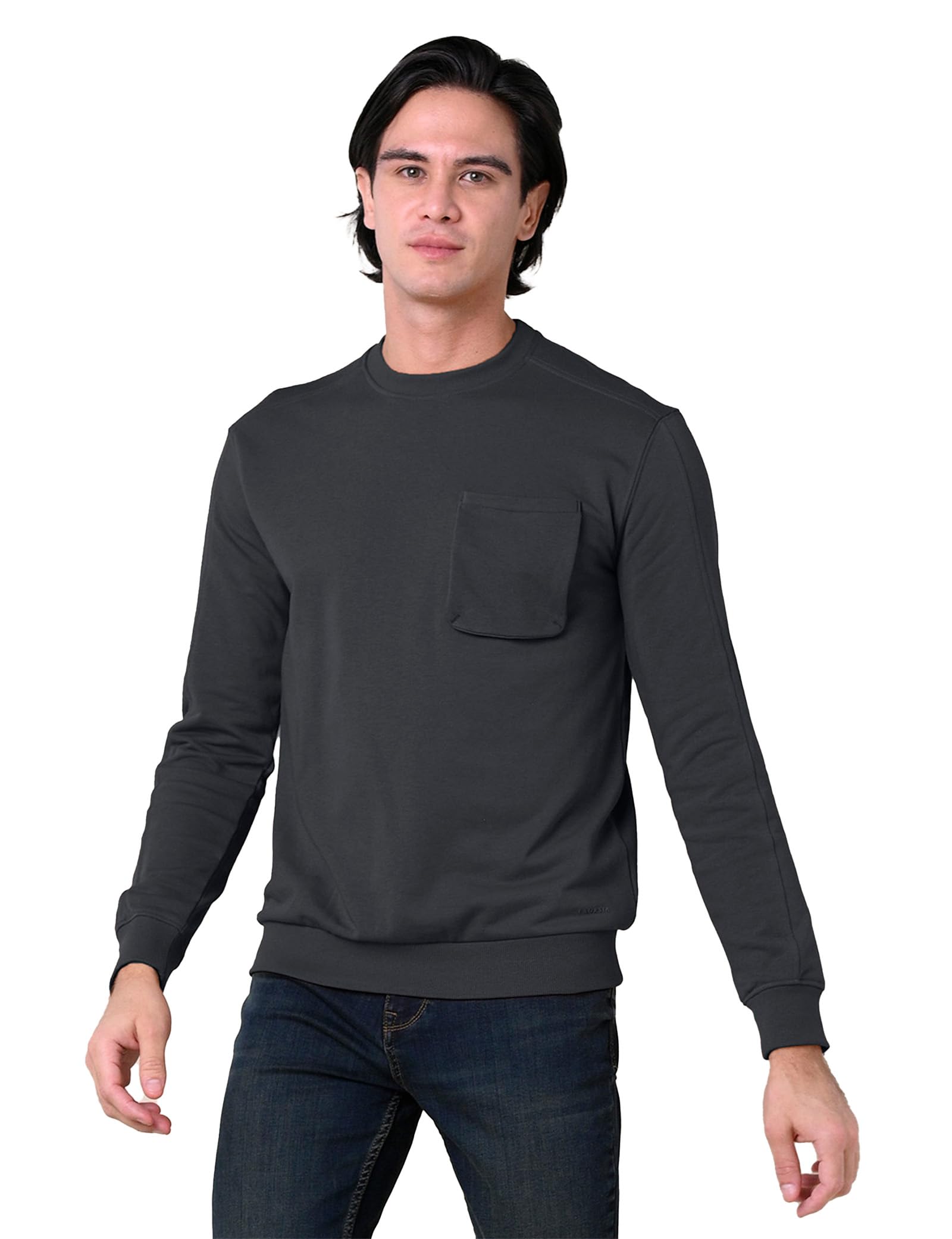 Enorsia Mens Long Sleeve Front Pocket Sweatshirt - Ribbed Crew Neck, Soft Cotton Fabric, Classic Fit, Versatile Solid Color for Any Outfit (Black,M)