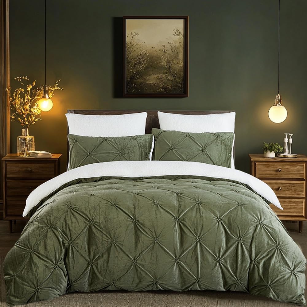 Winter Bettwäsche 135x200cm Flanell Fleece Grün Weiß Wendebettwäsche Set Flauschig Plüsch Sherpa Cashmere Touch Pintuck Bettbezug und Kissenbezug 80x80cm mit Reißverschluss,Oeko-Tex Zertifiziert