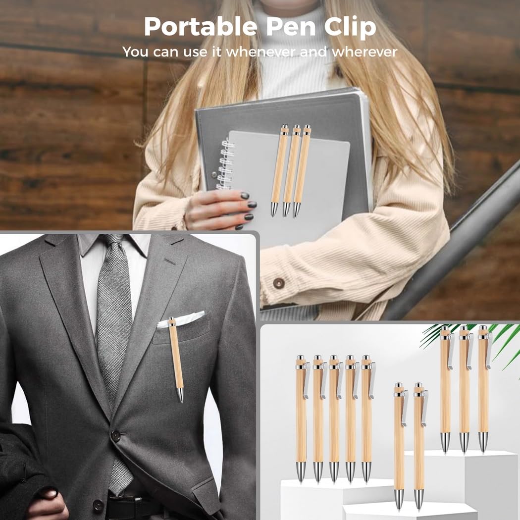 50 Stk. Bambus Kugelschreiber, nachfüllbare Kugelschreiber mit Clip, 0,5 mm Feinspitze, schwarze Tinte, sanft schreibende Rollerball Stifte für Taschenheft, Büro und Schule