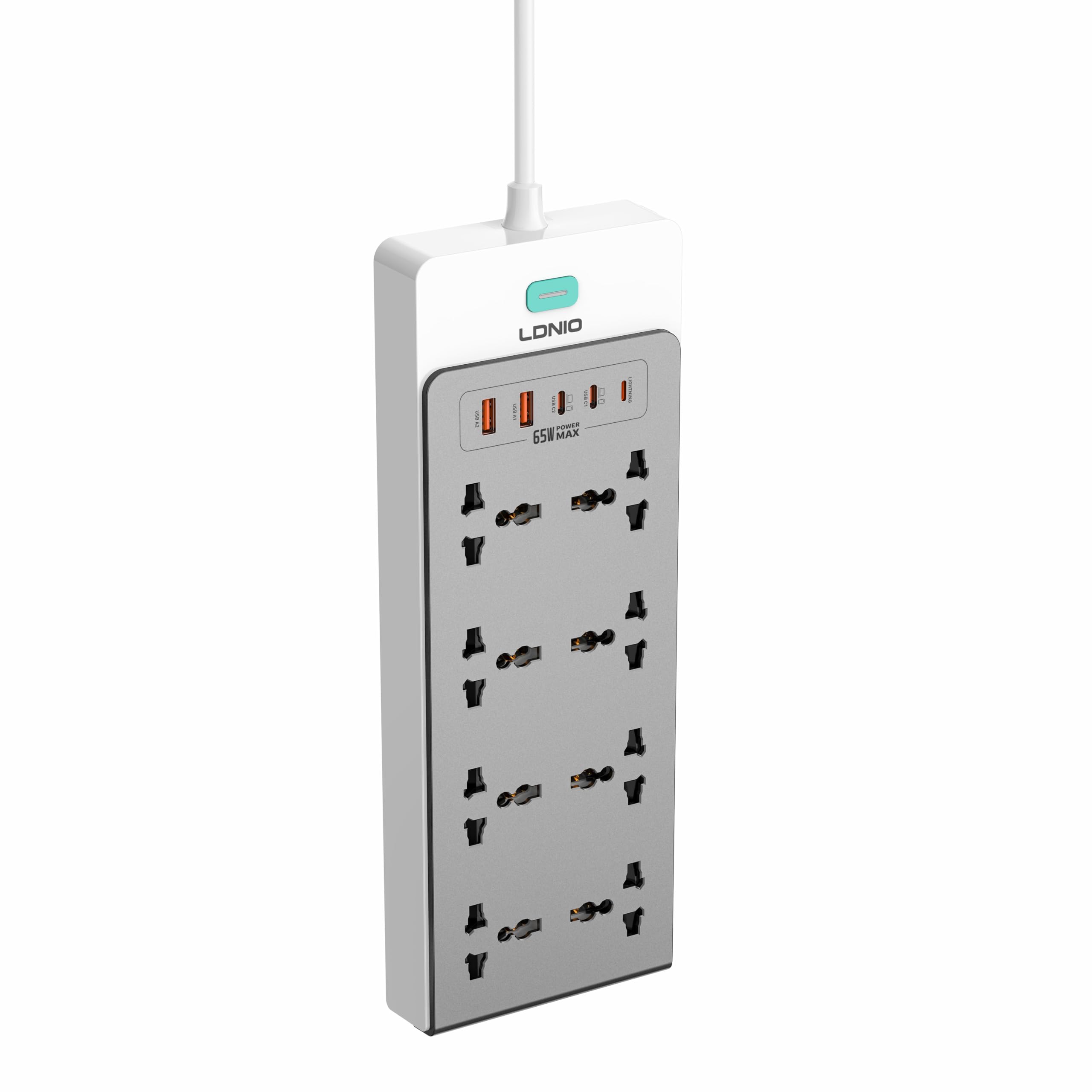 Yangers 8 Way Extension Lead USB Type C Fast PD 65W GaN Power Strip Desktop Charger Extender with Surge Protector Switch, 2m Cable Universal Flat Socket USB A Slots Charging Ports for Home Office