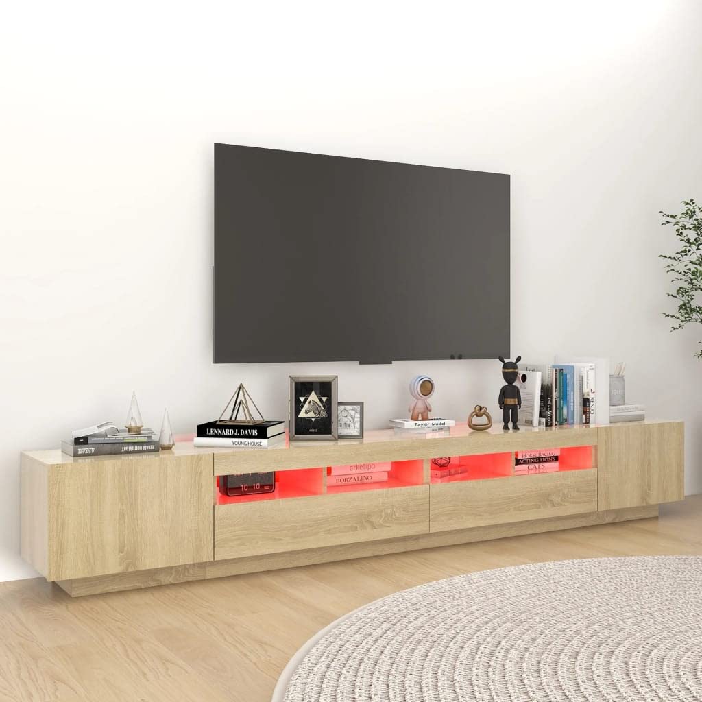 FIRBNUS Mueble TV Madera con Luces LED para Salón, Color Roble Sonoma, 260x35x40 cm, Moderno