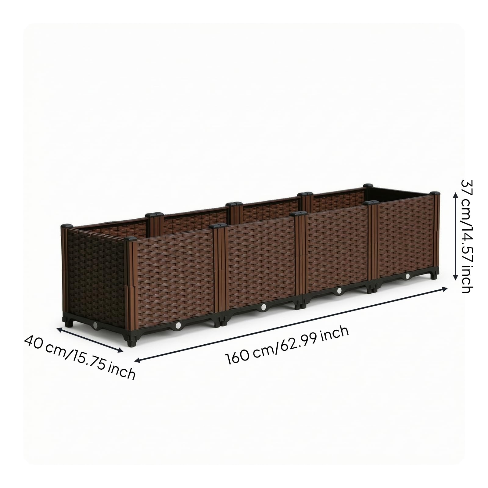 Gralara Jardinera Plástico con Autorriego Elevada Macetero Rectangular con Patas Acogedor Jardinera Patas para Principiantes, 160 40 37 Cm, Caja Profunda De 4 Unidades