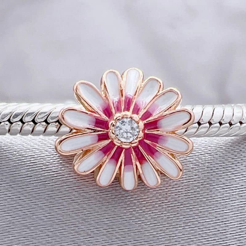 Pink Daisy Flower Charm 925 Sterling Silver Pendant,Jewelry Beads Gifts for Women Bracelet&Necklace2