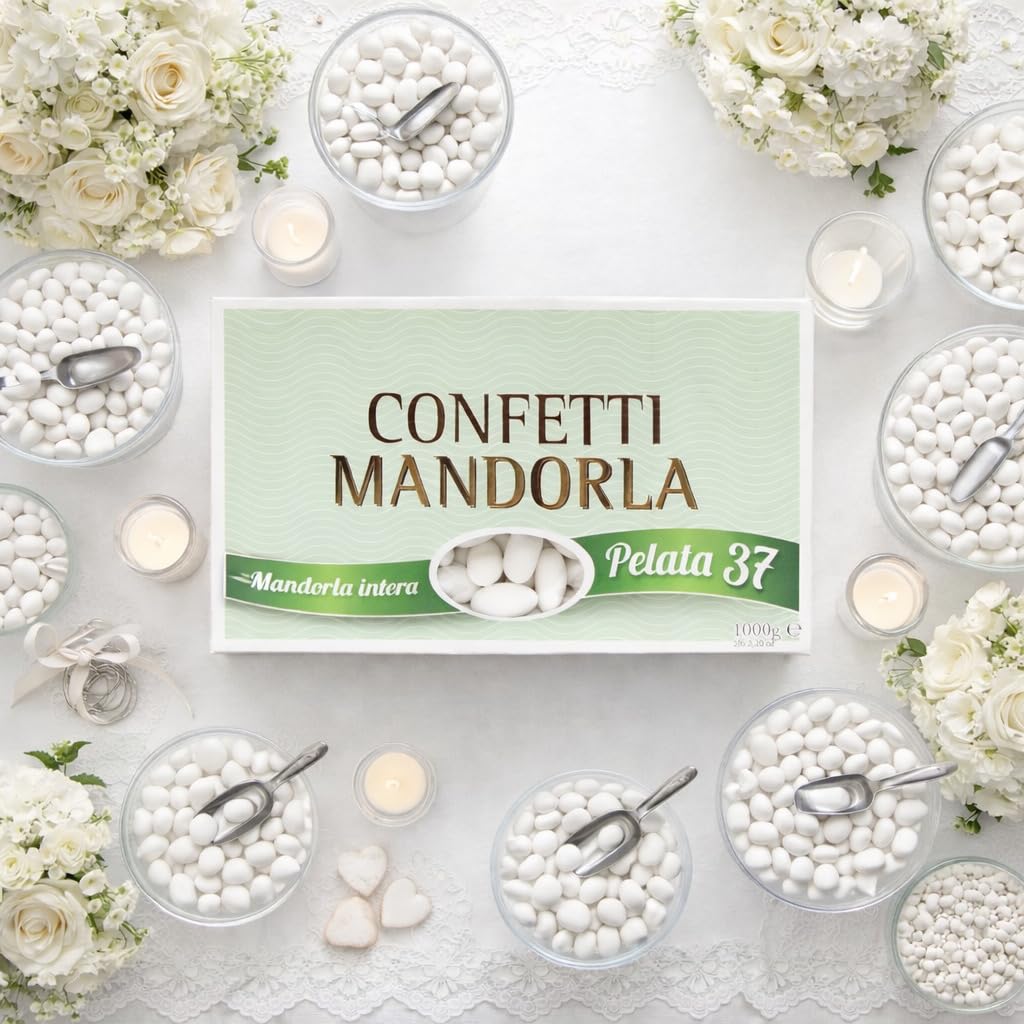 CandyFrizz Confetti Bianchi Sposi alla Mandorla Intera Pelata Calibro 37 – 1 Kg (220/240 Confetti) – Confettata e Bomboniere per Matrimonio, Anniversario, Cerimonie – Senza Glutine (2 Scatole)