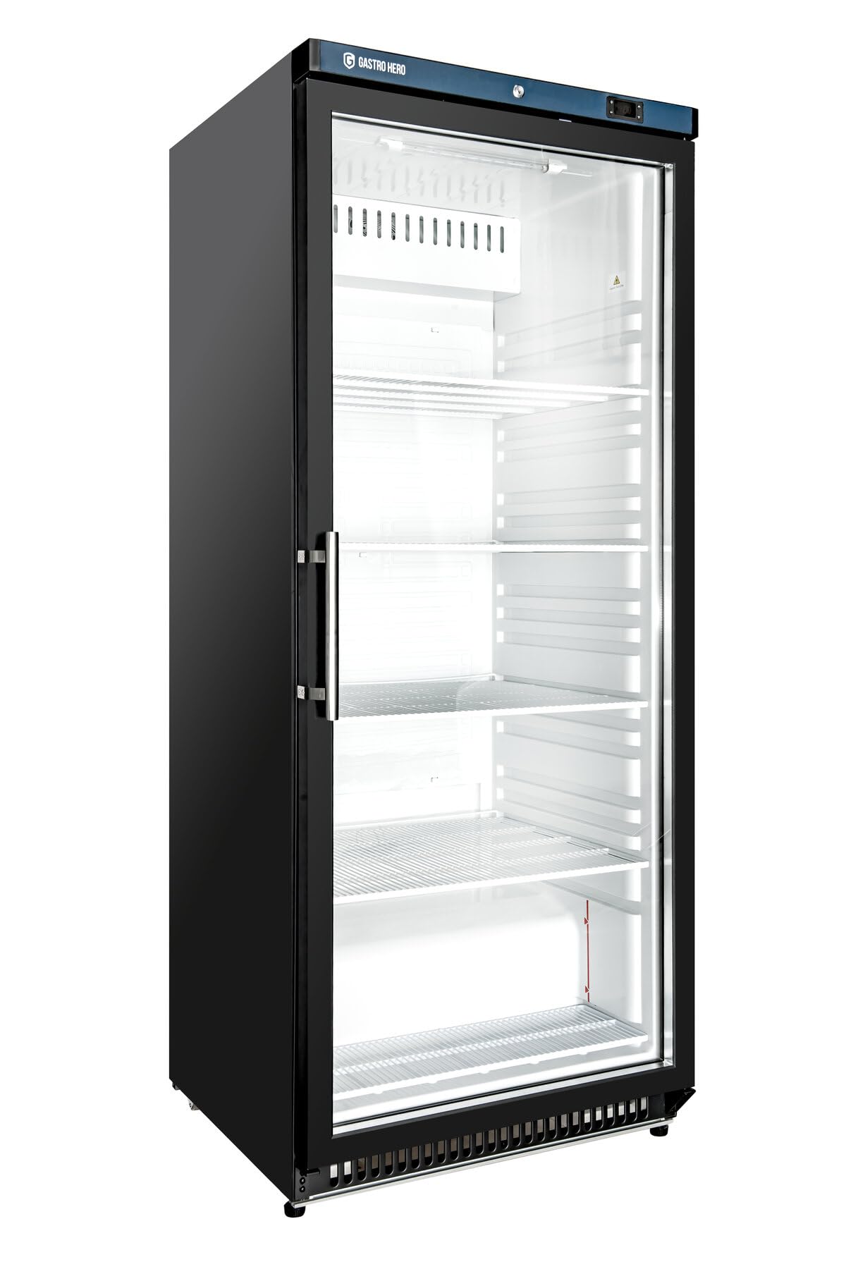 GastroHero Frigorifero ECO 600 con porta in vetro, nero, 562 litri, frigorifero commerciale con illuminazione a LED, raffreddamento ad aria, da 2 a +8 °C, termostato digitale, chiudibile, R600a