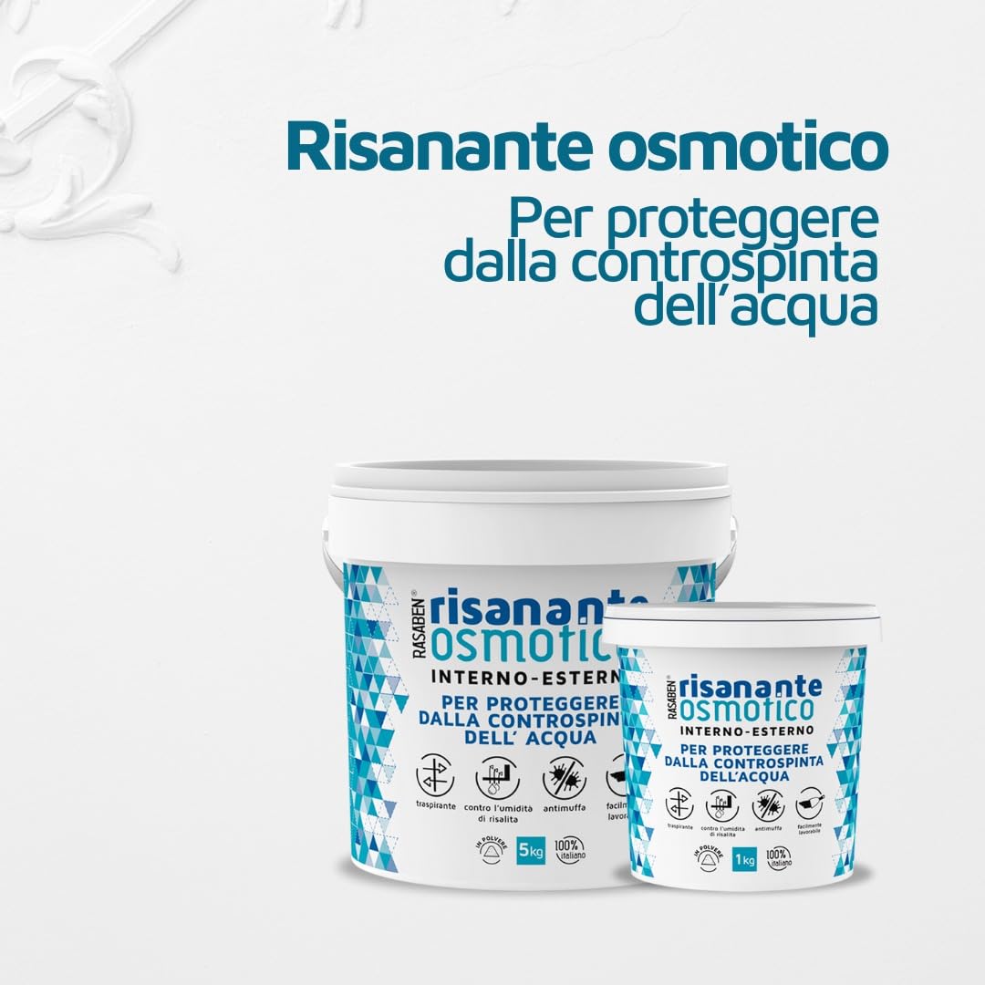 RASABEN -Risanante Osmotico, Stucco in Polvere per Risanamento di Murature Umide e Impermeabilizzare Pareti e Pavimenti, Antimuffa e Traspirante, Uso Esterno e Interno, Made in Italy, Barattolo da 5kg