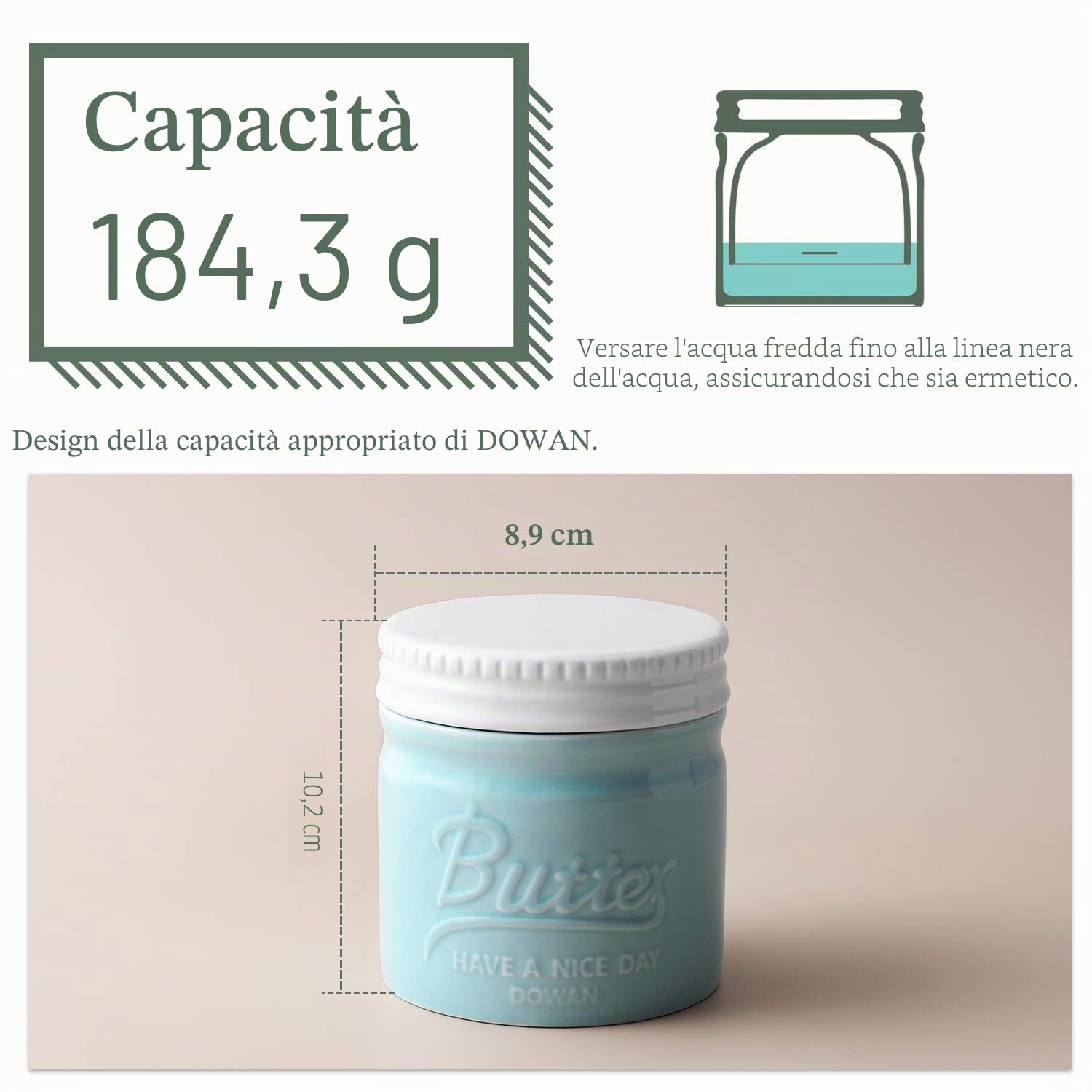 DOWAN Burriera in Porcellana, Portaburro in Porcellana, Burriera Stile Barattolo di Vetro con Coperchio e Acqua, Morbido e Distribuibile, Gadget da Cucina, Blu