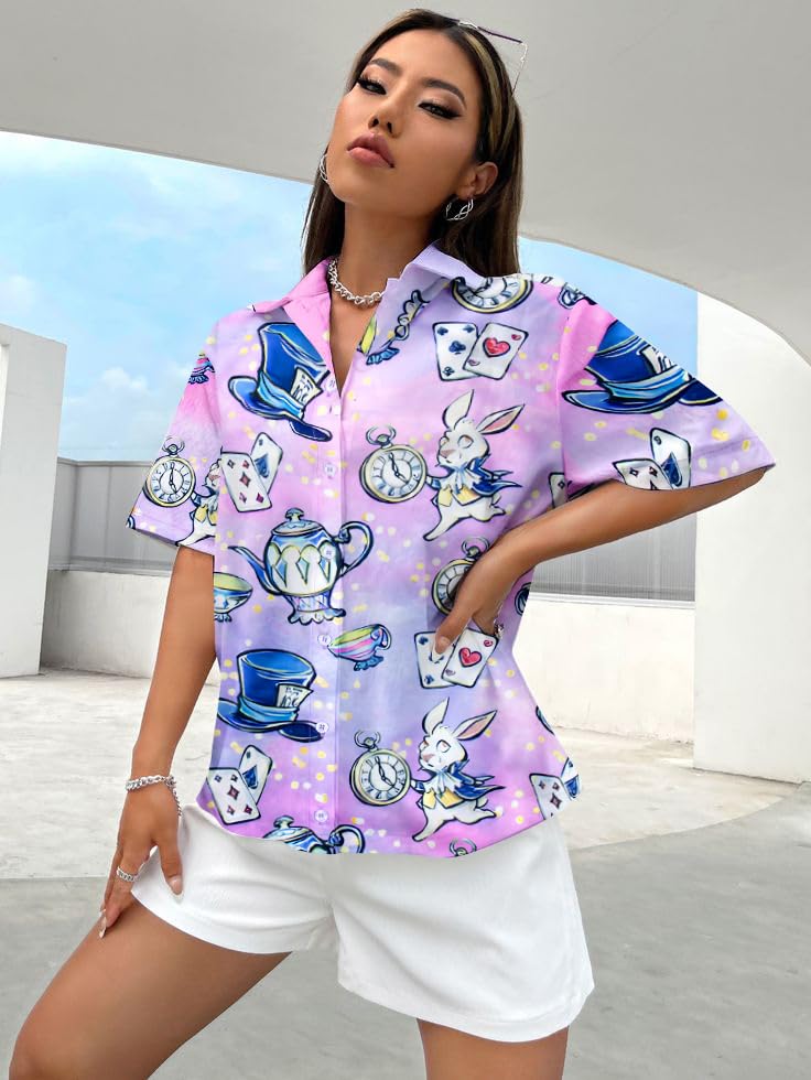 Princess Magical Shirt for Women Mad Tea Party Shirts Magic Hawaiian T-Shirt Fairy Tale Vacation Button up Tops3