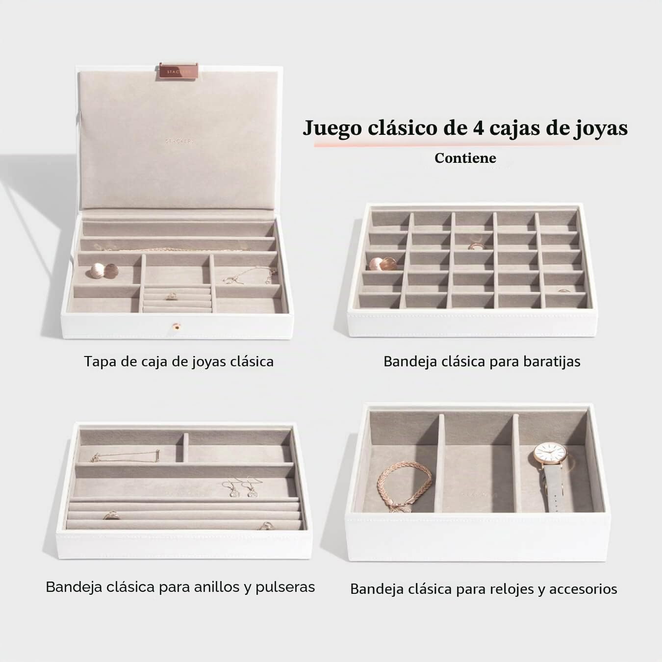 Stackers Joyero clásico mediano de oro blanco y rosa, juego de 4