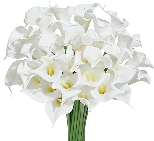 Heleze 30 PCS Artificial Calla Lily Flowers Bouquet Faux Branches for Vase Fake Flower 14" Real Touch for DIY Mother's Day Wedding Party Decoration Pure White