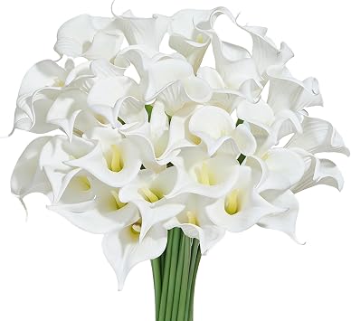 Heleze 30 PCS Artificial Calla Lily Flowers Bouquet Faux Branches for Vase Fake Flower 13.5" Real Touch for DIY Mothers Day Wedding Party Decoration Pure White