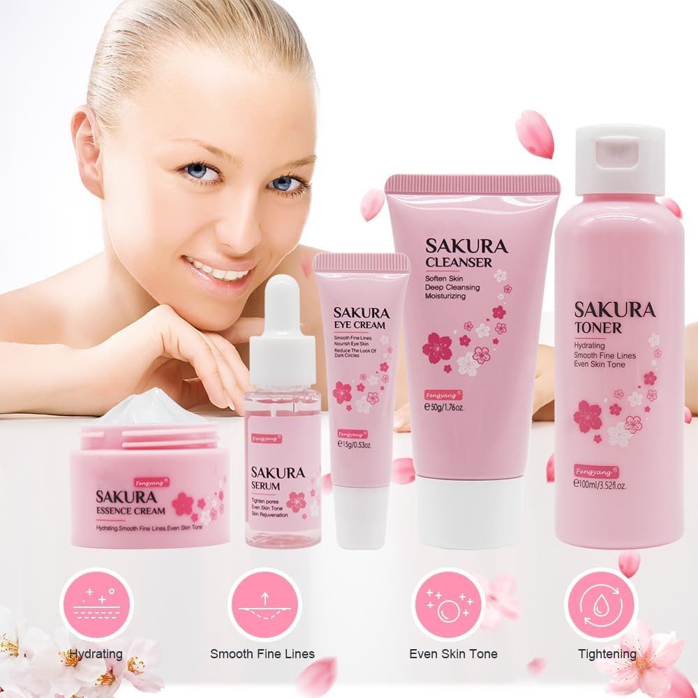 Fengyang® Kit Per La Cura Della Pelle Sakura Da 5 Pezzi Set Per La Cura Della Pelle Sakura Kit Idratante Per La Cura Del Regalo Da Donna Strumento Del Viso Con Estratto Di Fiori Di Ciliegio (5set)