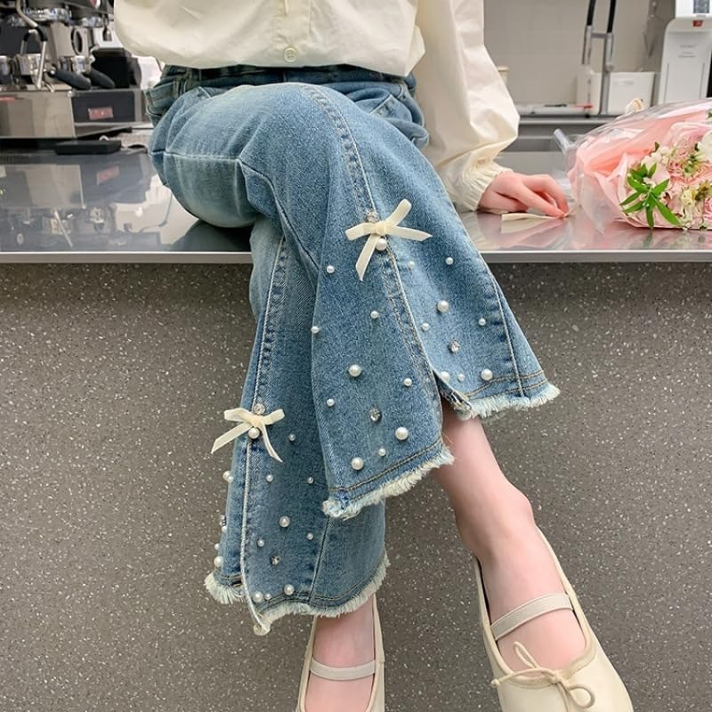 Girls Pearl Bow Knot Denim Jeans Soft Elastic Waist Bell Bottom Jeans Split Hem Flare Leg Pants2