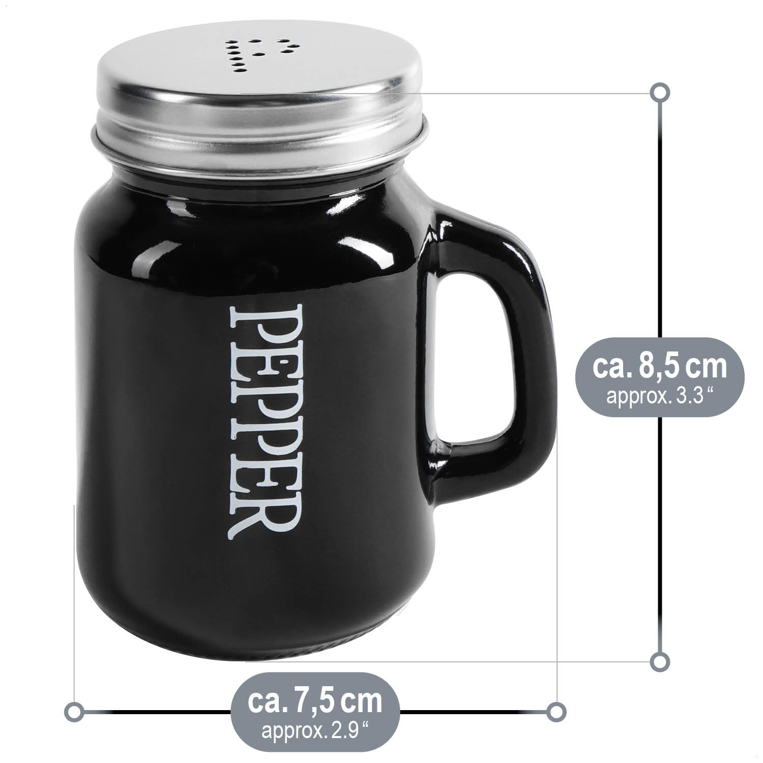 com-four® 48-teiliges Salz- und Pfefferstreuer-Set - Gewürzstreuer mit Schraubdeckel und Henkel - Gewürzglas in Bierkrug-Form mit Aufschrift - moderne Schüttler (48-teilig - Glas schwarz/weiß)