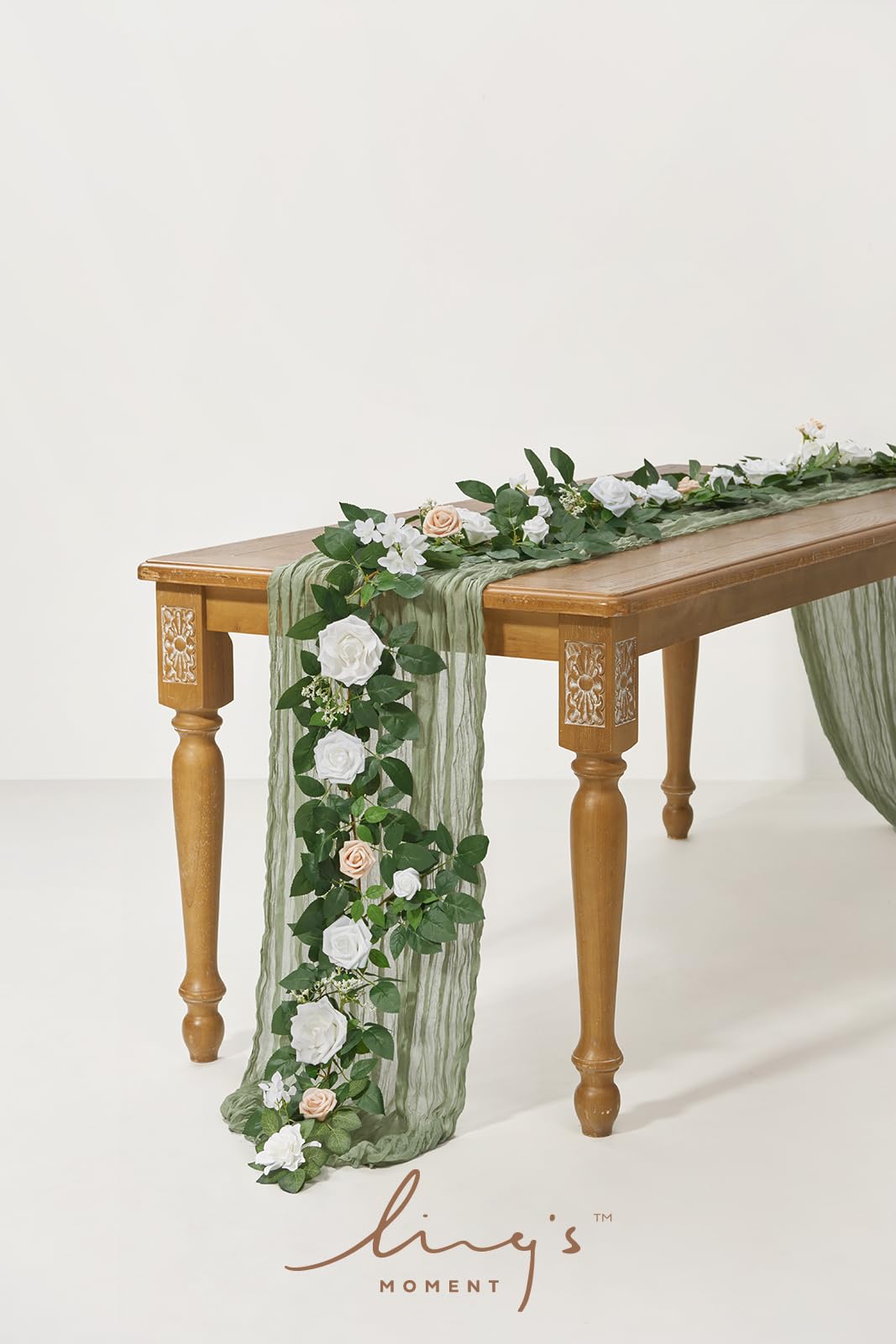 Ling's Moment 5FT weiße künstliche Blume Girlande gefälschte Rose grüne Blätter Blumen Girlande Bogen Blumen Rebe für Hochzeit Party Hintergrund Dekor Kaminsims Home Tisch
