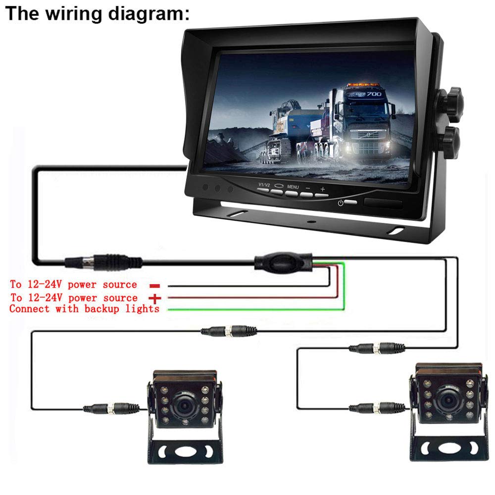 Camara Trasera de Coche, 2×8LEDs Ángulo Visión de 120 ° de Ancho IR Night Vison Cámara de Estacionamiento a Prueba Agua con 15M Cable + 12V-24V 7 "TFT LCD HD Monitor para Autobús/Camión/Remolque/RV