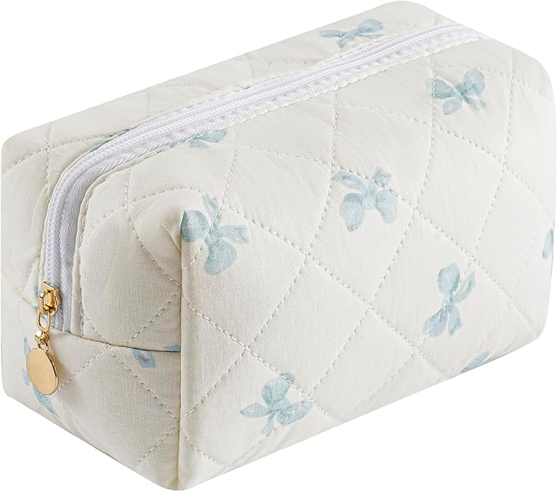 Necessaire de maquiagem floral acolchoada WHHJM em algodão, azul com laço pequeno