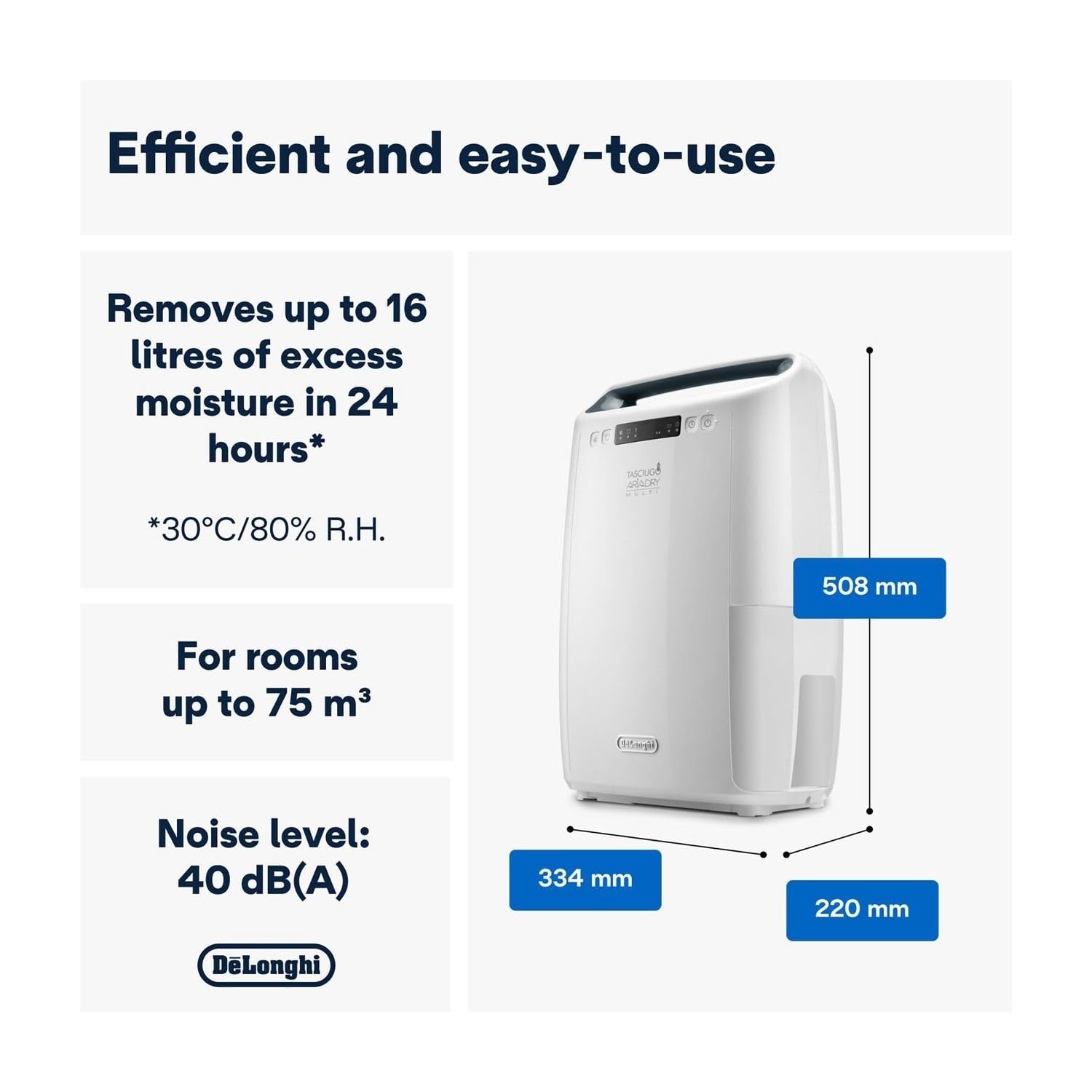 De'Longhi Tasciugo Ariadry Multi DEX216F osuszacz powietrza – elektryczny osuszacz powietrza i oczyszczacz powietrza do pomieszczeń do 75 m³, funkcja prania, nadaje się dla alergików, przyjazny dla