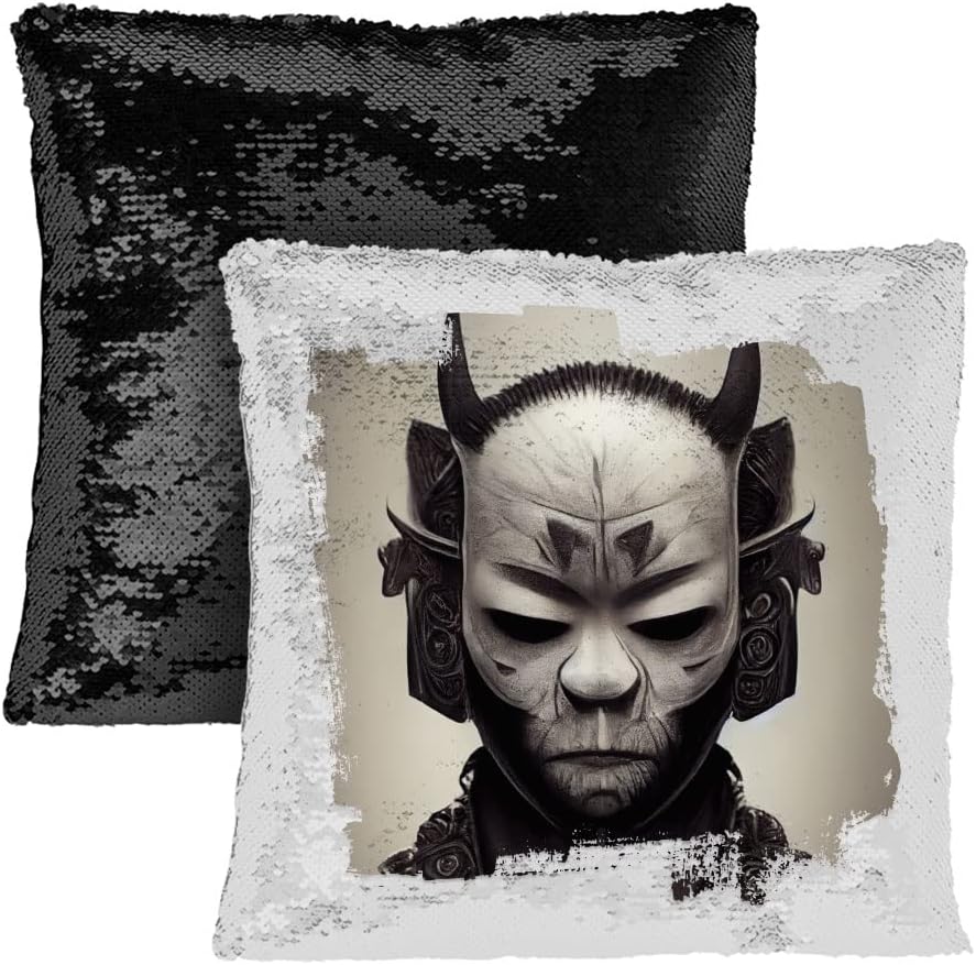 Oni Mask Sequin Pillow Case Japanese Pillow Case Art
