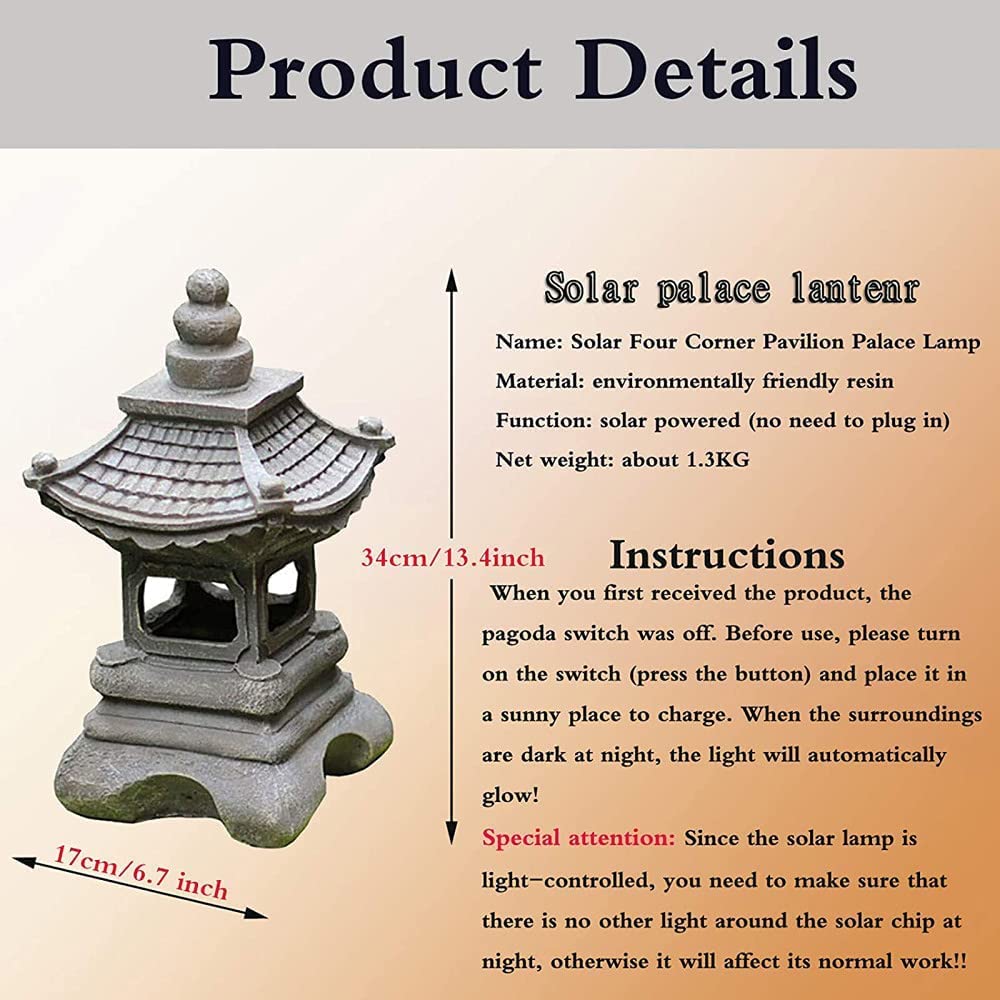 Pagoda latarnia stupa na zewnątrz ogród kamienna statuetka, japoński styl latarnia pagoda zasilana energią słoneczną LED na zewnątrz dekoracja ogrodowa, 34 cm (rozmiar: 34 cm)