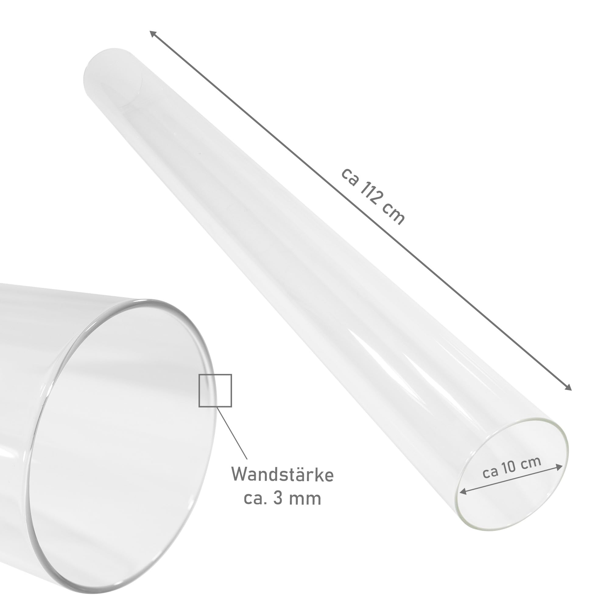Lemodo Glasröhre Ersatzglasrohr für Pelletfackel Gartenfackel Ø 10 cm Länge 112 cm hitzebeständig feuerfest 450 Grad Glasrohr Ersatzteil Glasröhre Pellet Garten Fackel transparent klar robust