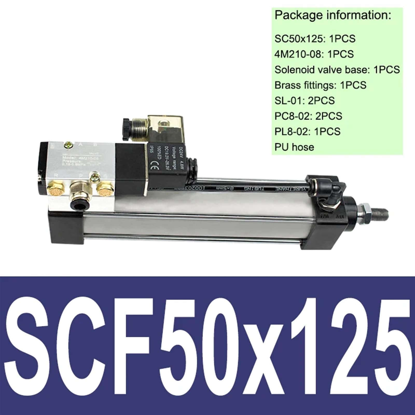 Pneumatic SC Standard Solenoid Valve Integrated Cylinder Bore 50mm Stroke 25-1000mm Air Cylinders Set Without Magnetic 1Pcs(SCF50x125)