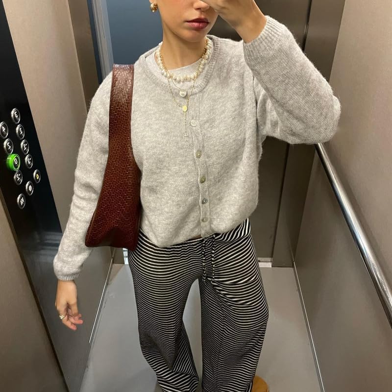 Women Button Down Cardigan Long Sleeve Crewneck Sweater Vintage Lightweight Knit Jacket Fall Going Out Top - Image 6