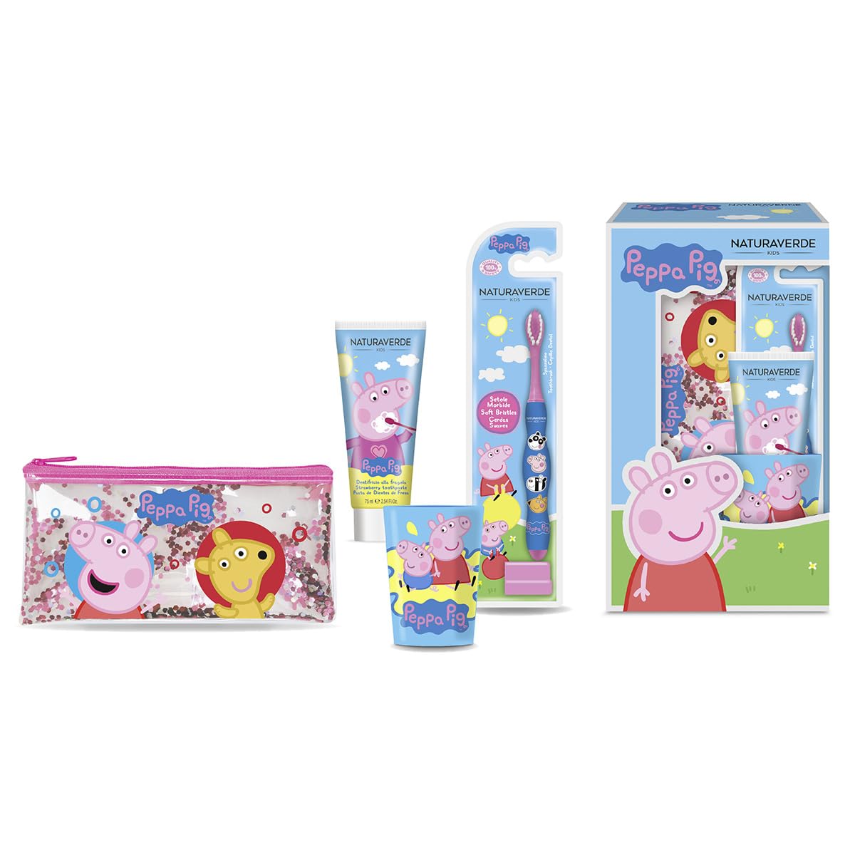 Naturaverde | Peppa Pig Gift Set Oral Care, Spazzolino da Denti Manuale, Dentifricio Bambini Gusto Fragola 75ml, Bicchierino e Pochette Glitter
