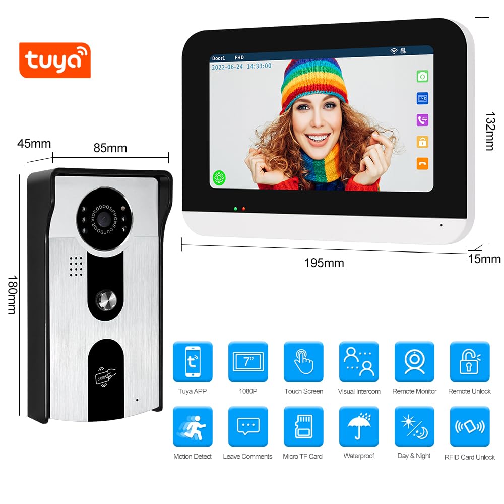 Sistema de Videoportero con Cable de 7pulgadas WiFi Monitor Interior Tuya 1080P Cámara Exterior Detección de Movimiento Visión Nocturna Audio Bidireccional