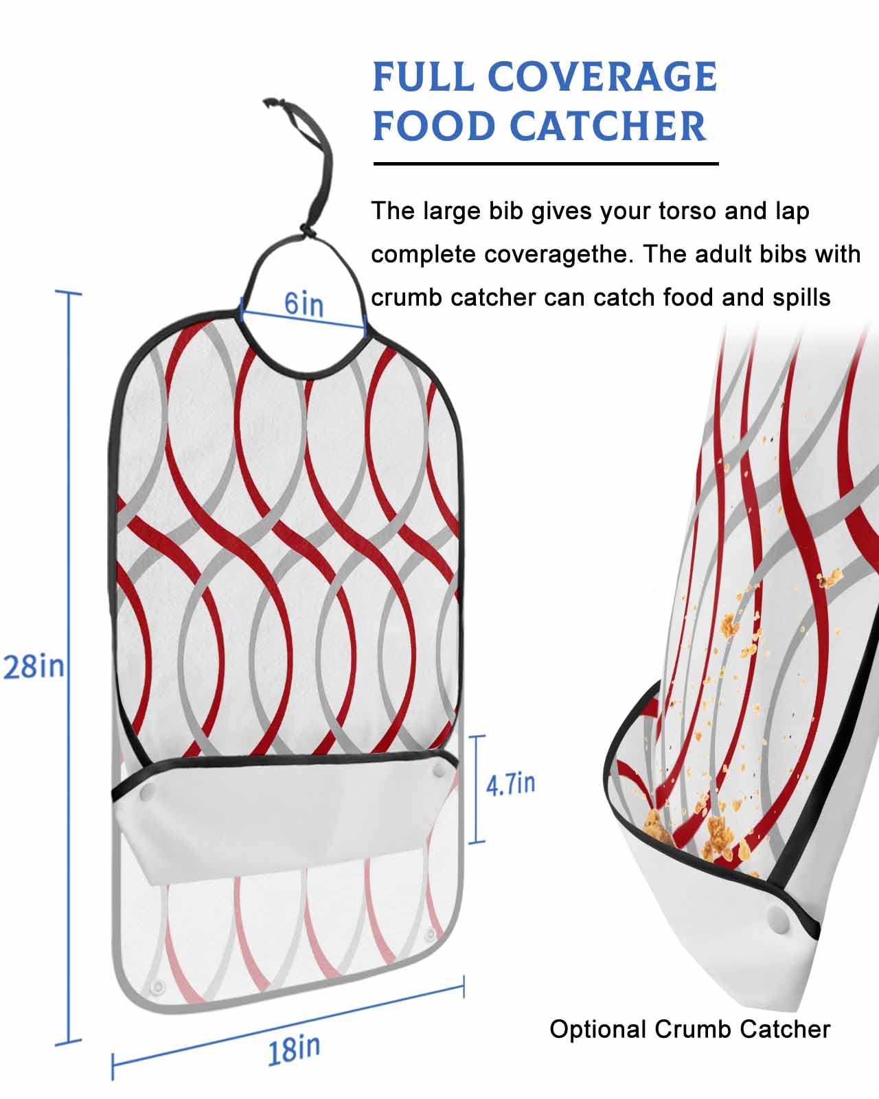 LEOKOTI Red Grey Adult Bibs for Eating, Waterproof Bibs with Food Catcher & Adjustable Snap Closure, Modern Geometric Contemporary Abstract Washable Clothing Protectors Adult Bibs for Elderly