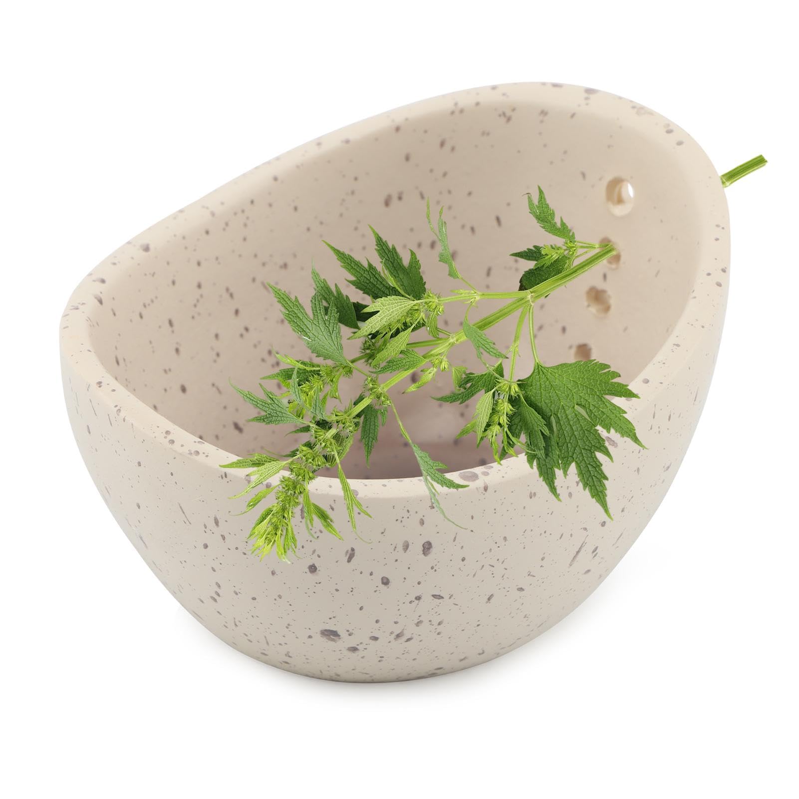 Pottery Herb Stripper Bowl, Handmade Herb Stripper Ceramic Bowl with 4-Slot Different Hole Sizes for Kale, Herbs & Broccoli, Efficient Peeling Off the Leafy Assembly(White)