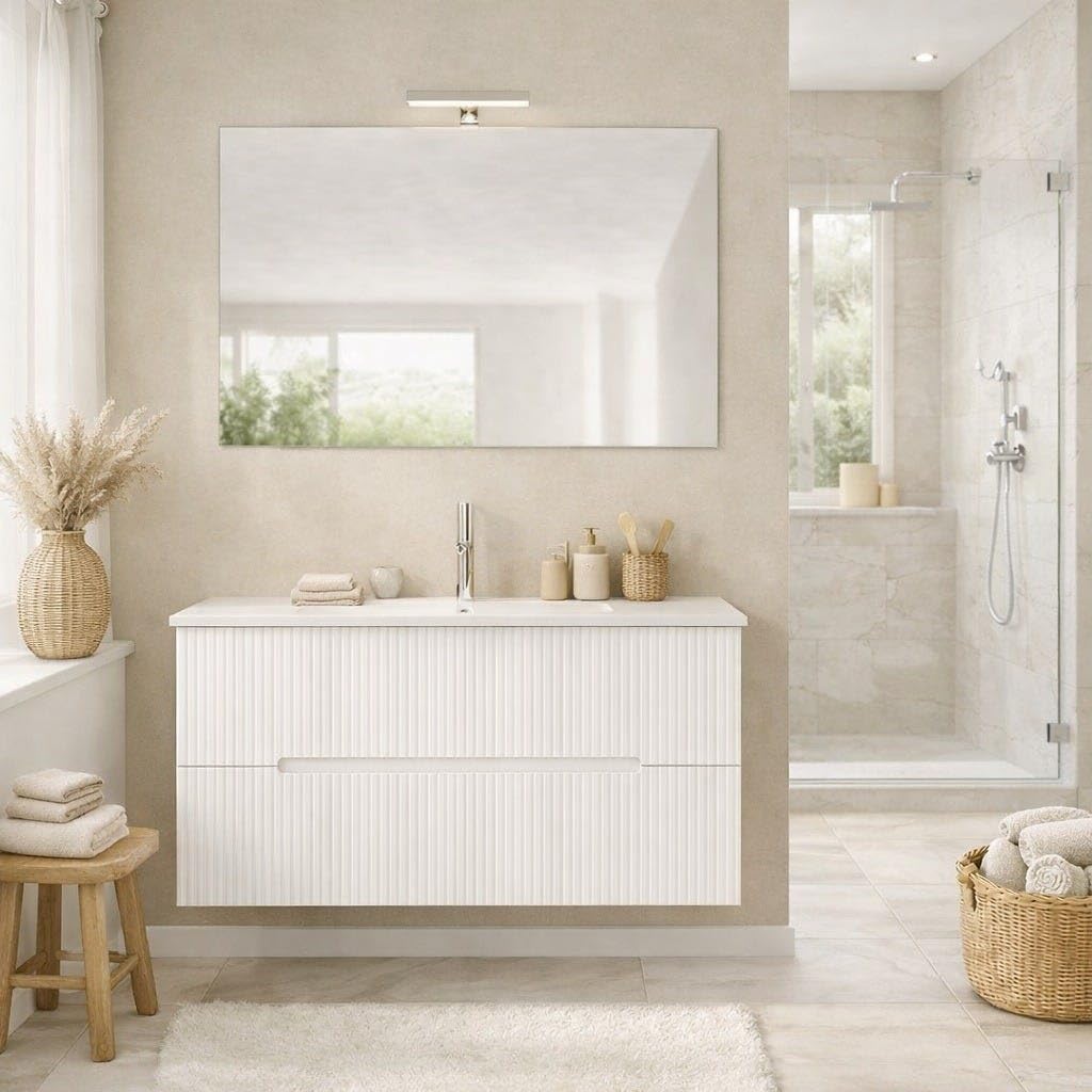 Kiamami Valentina - Mobile Bagno Sospeso 100cm Bianco, 2 Cassetti, Frontale Bianco Cannettato, Lavabo in Ceramica, Design Moderno, Già Assemblato | Magnolia