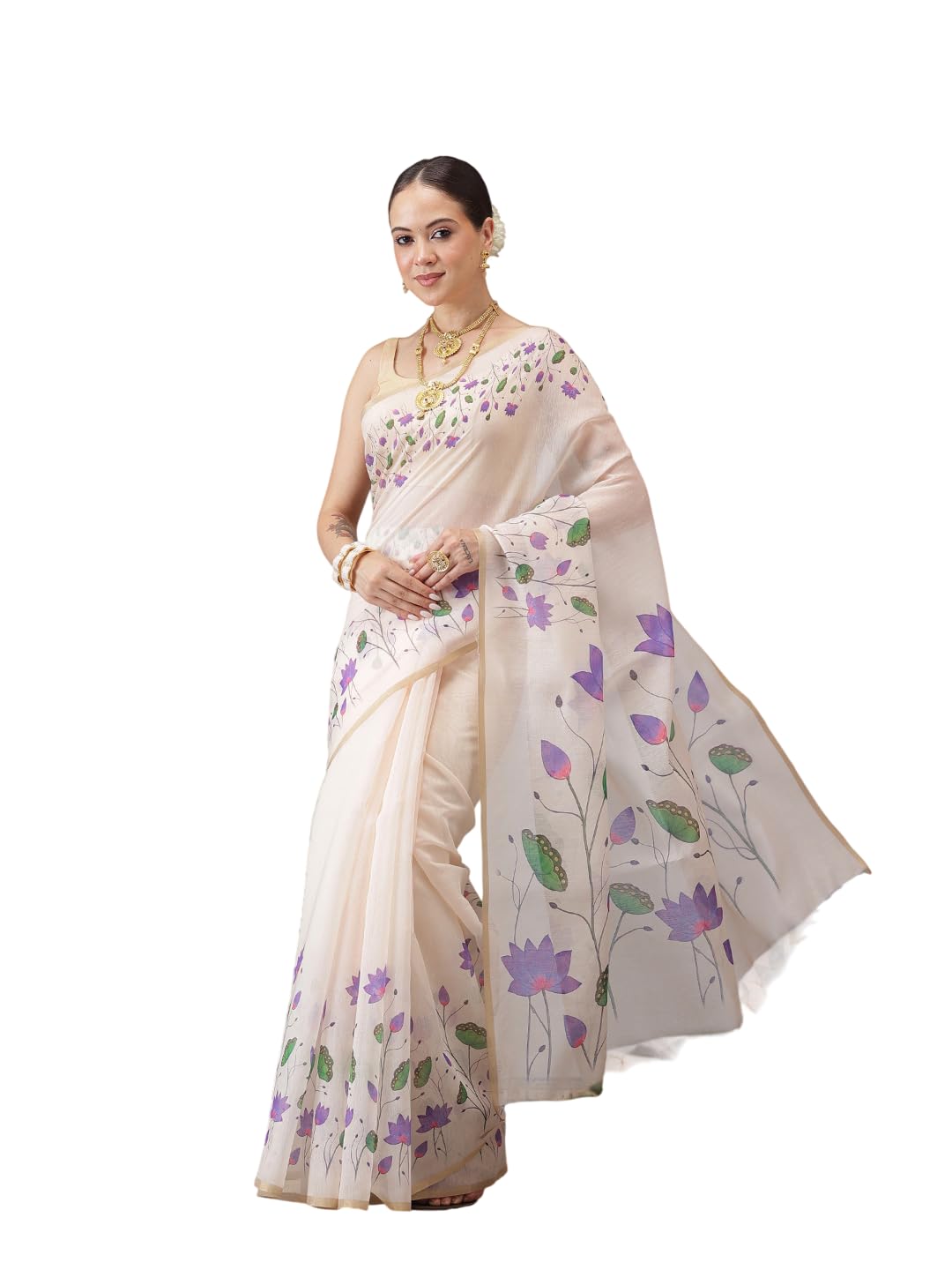 Onam Inspired Lotus & Checks Printed Chanderi Kasavu Saree With Printed Blouse-image-21