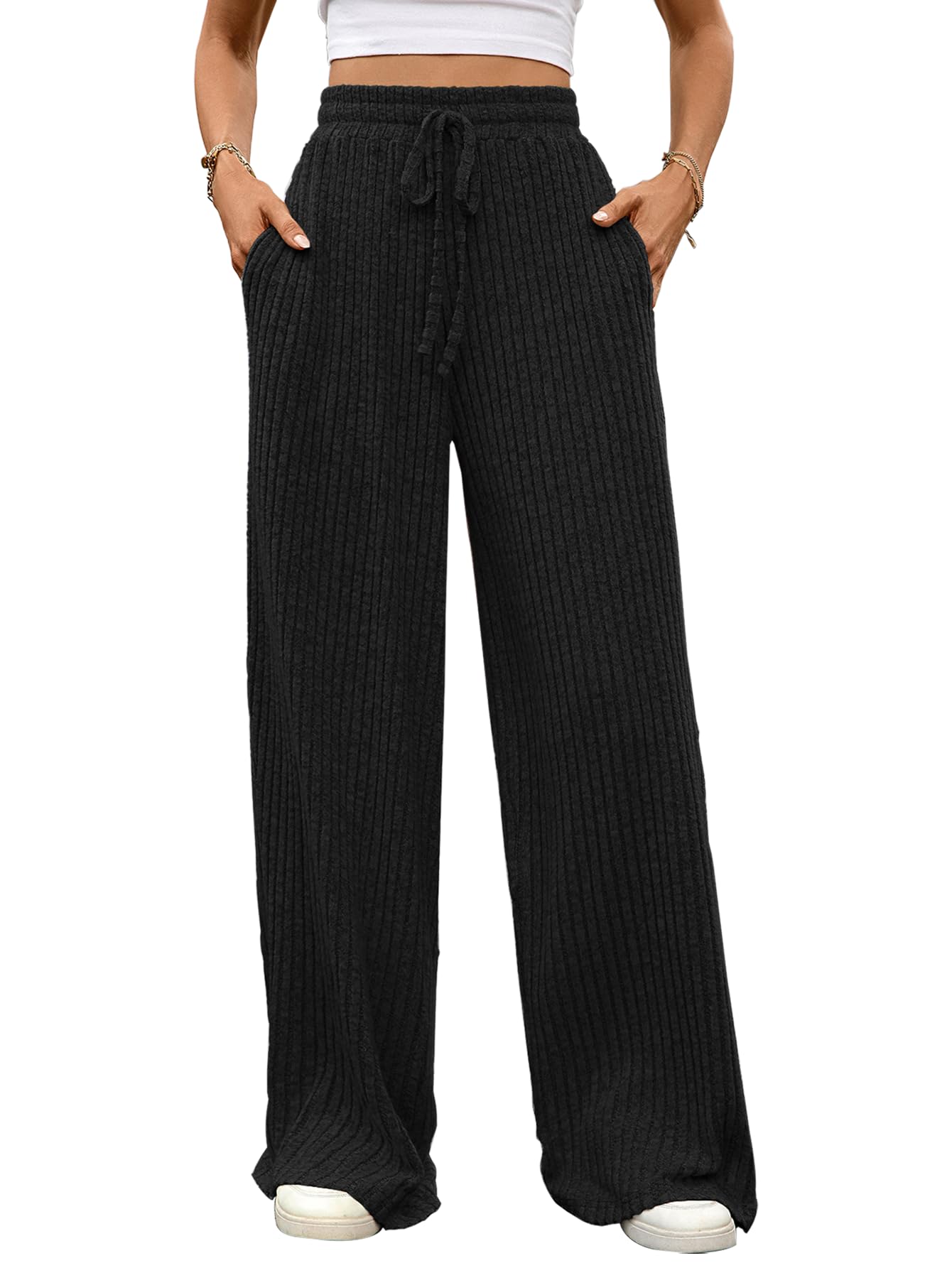 Womens Casual Relaxed Wide Leg Ribbed Knit Pants Comfy Loose Soft Knit Pants with Drawstring Waist Long Trousers