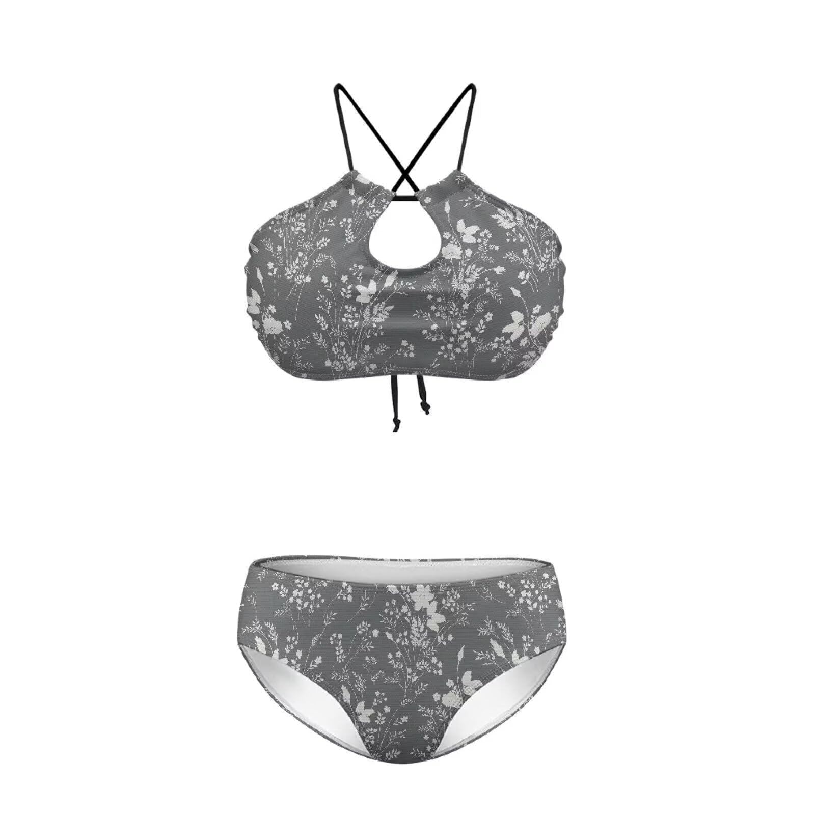 Brosoneto Two Piece Gray Floral Prints Bikini Set Sexy Swimsuit Cheeky Bathing Suits Strappy Swimwear Back Tie Bikini Sexy Swimwear for Women Fit