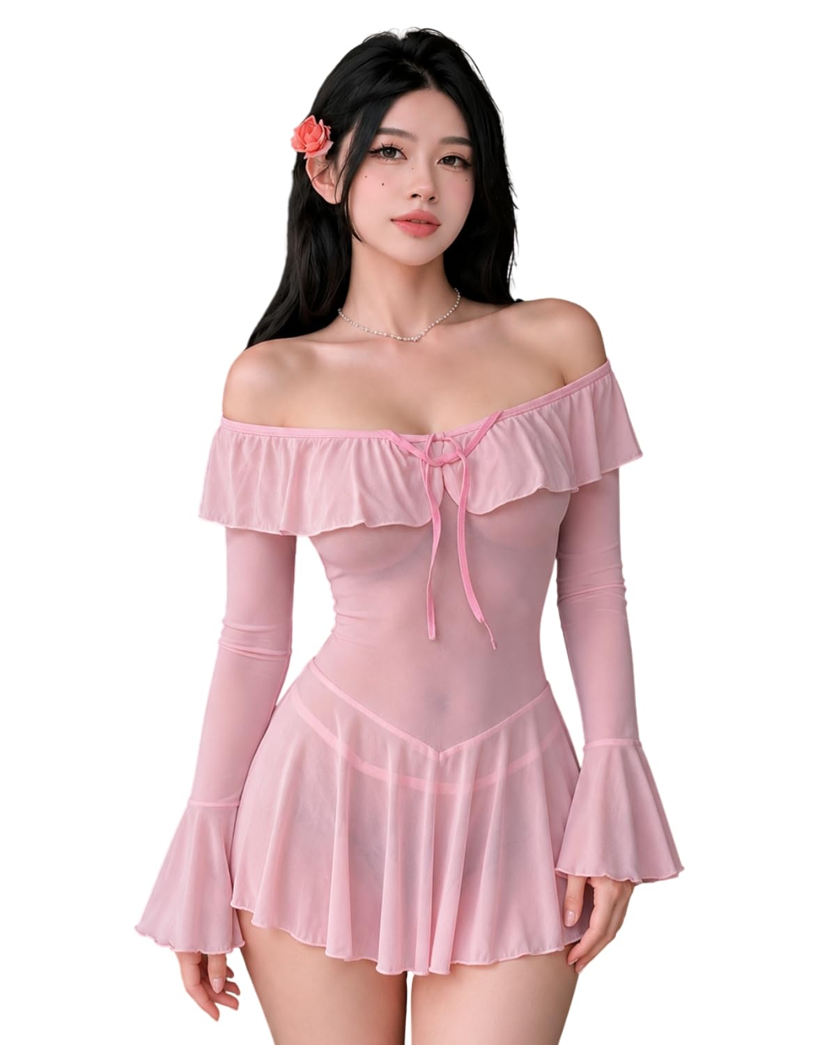 LUXZII Women's Sheer Mesh Babydoll Dress with Off Shoulder Ruffle Neckline, Long Bell Sleeves, Lingerie Nightwear, Sleepwear-picture-23