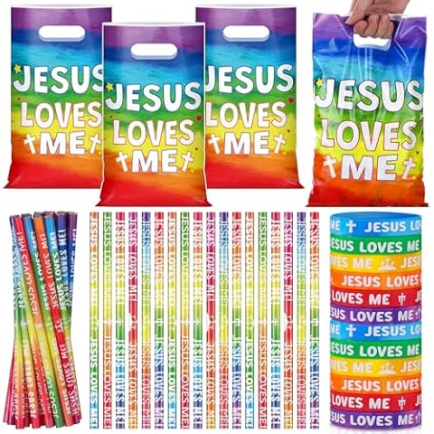 Ireer 30 Sets/ 90 Pcs Jesus Loves Me Party Favors, Includes 30 Religious Goody Bags 30 Christian Pencils 30 Bible Verse Rubber Wristband for Vbs Church Sunday School Supplies Easter Valentines Gifts Cover