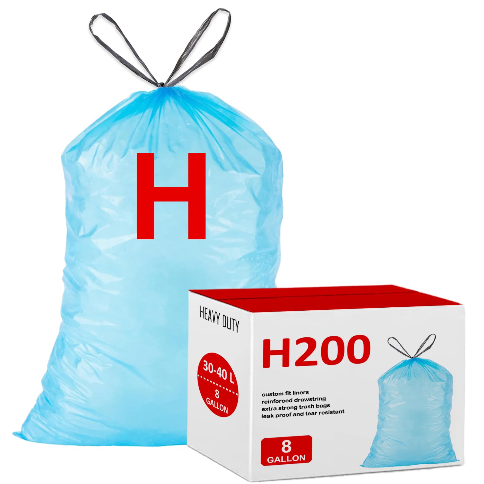 Reliable1st Code H (200 Count) Heavy Duty Trash Bags Blue Compatible with simplehuman Code H | Blue Drawstring Garbage Liners 8-9 Gallon/30-35 Liter | Reinforced Drawstring Garbage Liners