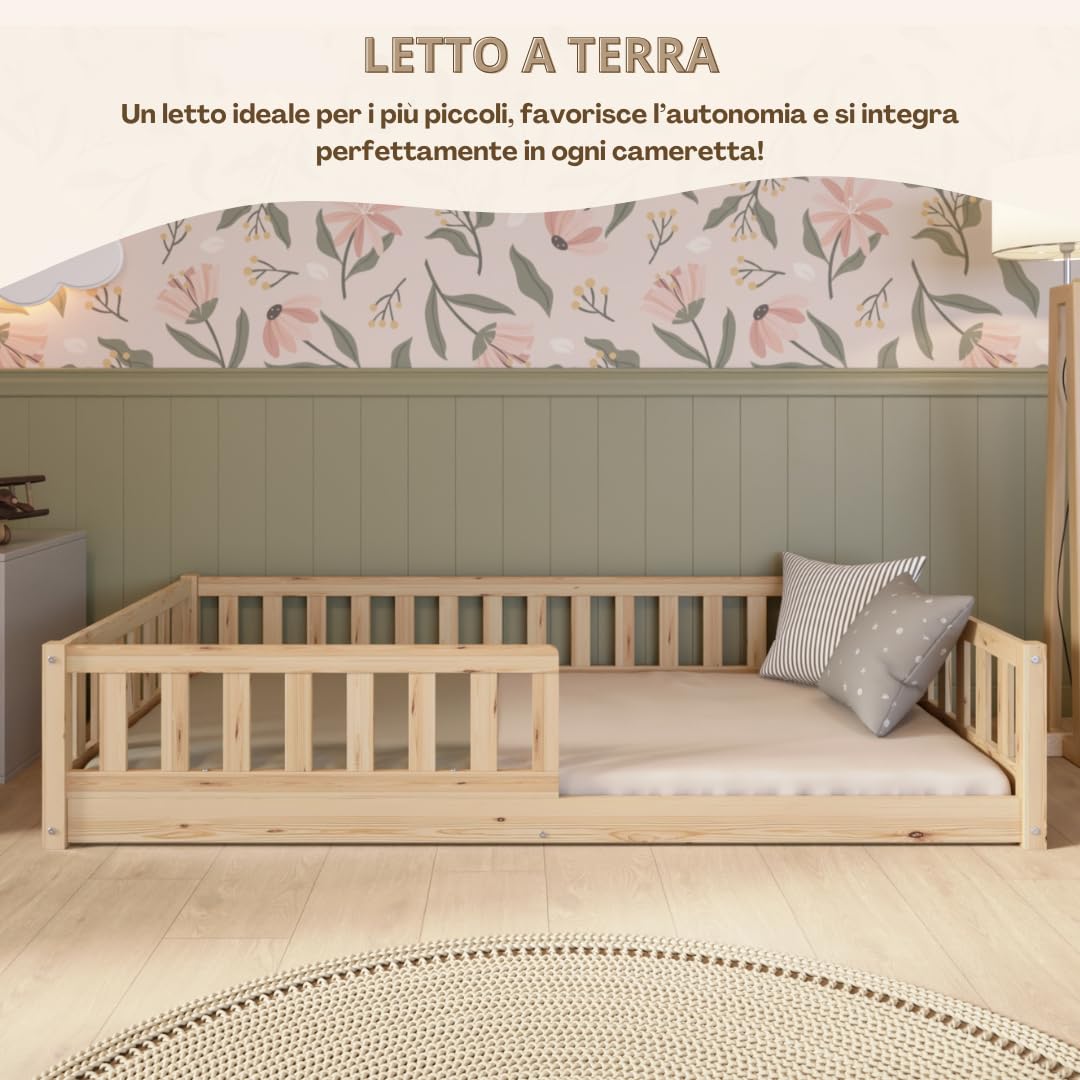 Letto per Bambini 190x90 cm – Letto Montessori a Pavimento in Legno Massiccio con Barriera – Sicuro per Bambini Piccoli – Design Scandinavo - Crazy Basic