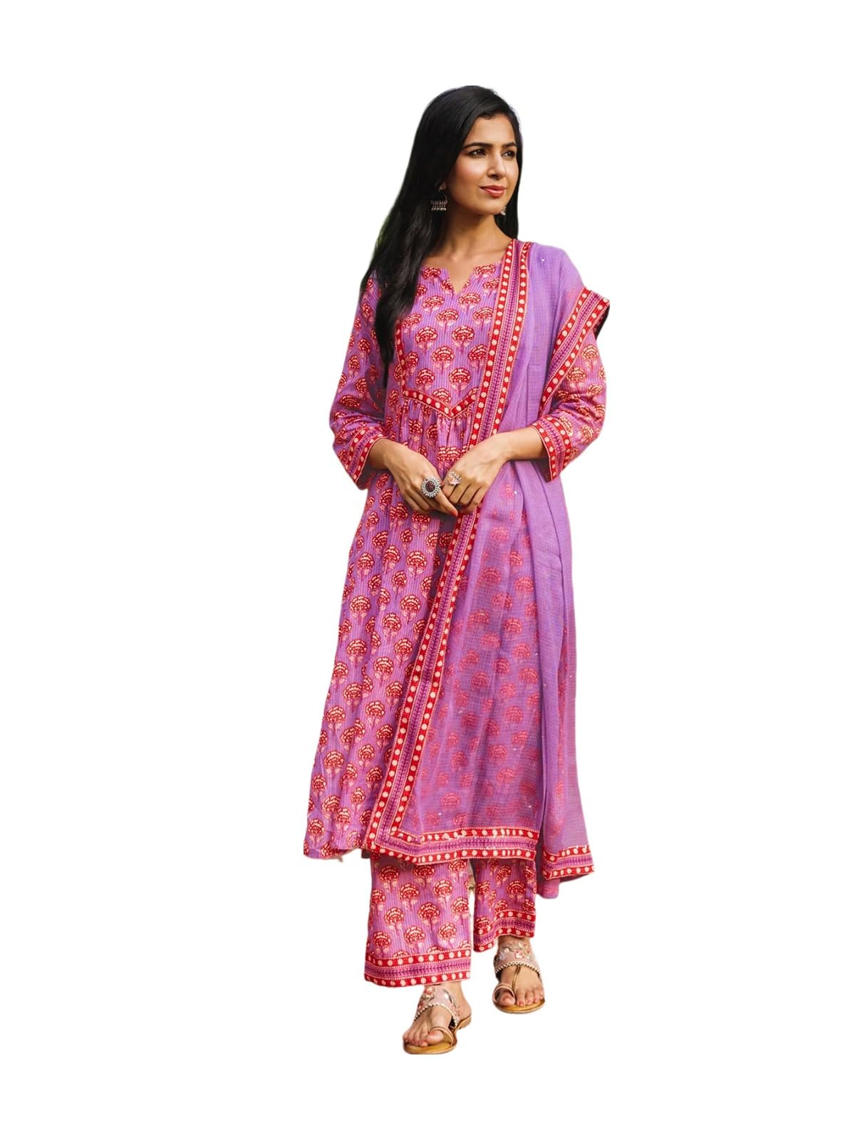 Sanisa Women's Rayon Blend Digital Printed A-Line Kurta With Pant And Fabric Lace Work Dupatta (119Kbd1293Nz-M_Purple)