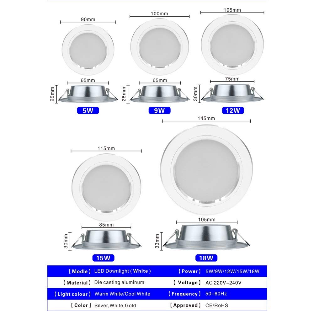 Chillers Focos empotrables LED Planos no Regulables 230V Blanco cálido Juego de 10 focos empotrables LED focos de baño focos LED para salón baño (Color : White, Size : Warm White 12w)