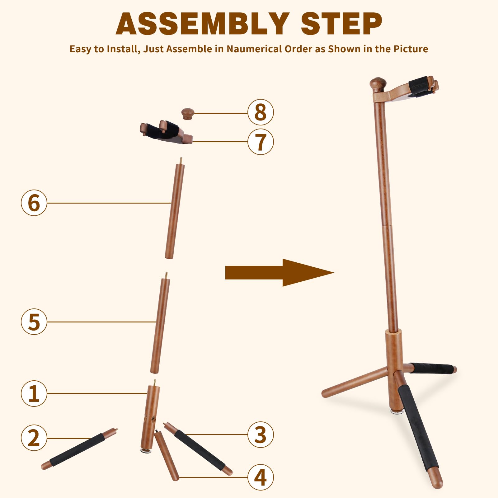 EASTROCK Supporto per Chitarra, piano per chitarra elettrica, chitarra acustica e basso, tripode in legno massiccio con supporto a collo singolo, design stabile per Home Studio (Noce Color)