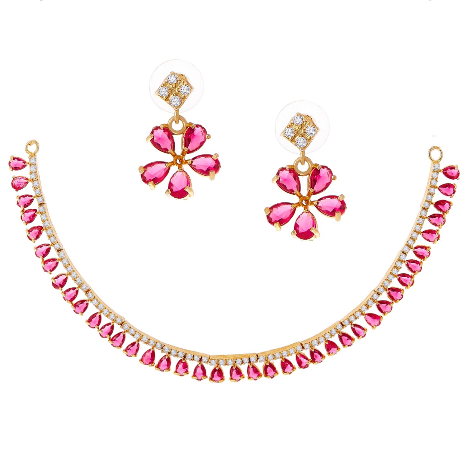 Jewellery Set Gold Plated American Diamond Necklace Set with Earrings Jewellery for Women & Girls-image-23
